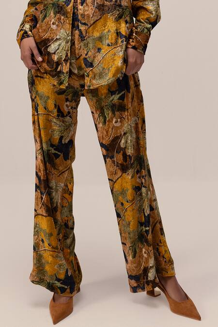 Shop_Reena Sharma_Yellow Viscose, Velvet Collared Rhea Floral Print Shirt With Pant _Online_at_Aza_Fashions