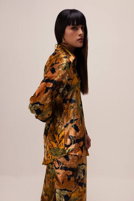 Reena Sharma_Yellow Viscose, Velvet Collared Rhea Floral Print Shirt With Pant _at_Aza_Fashions