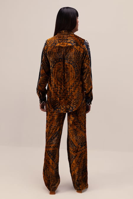 Shop Reena Sharma Brown Velvet, Viscose Collared Nikita Mandala Print Shirt With Pant at Aza Fashions Shop_Reena Sharma_Brown Velvet, Viscose Collared Nikita Mandala Print Shirt With Pant _at_Aza_Fashions