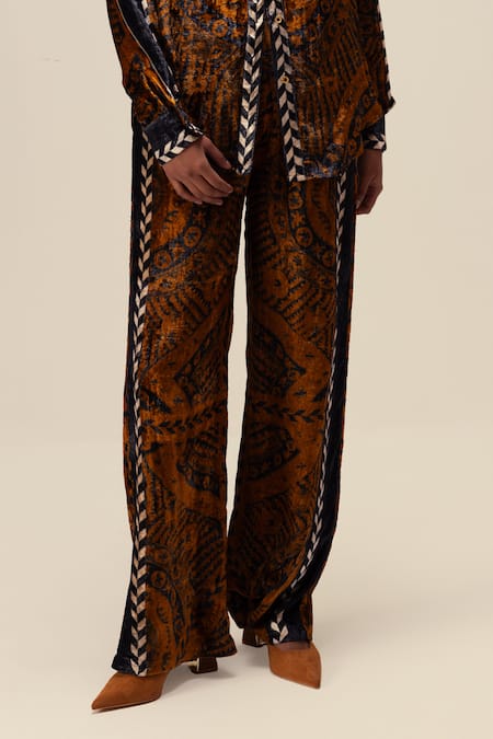 Reena Sharma Brown Velvet, Viscose Collared Nikita Mandala Print Shirt With Pant Online at Aza Fashions Reena Sharma_Brown Velvet, Viscose Collared Nikita Mandala Print Shirt With Pant _Online_at_Aza_Fashions