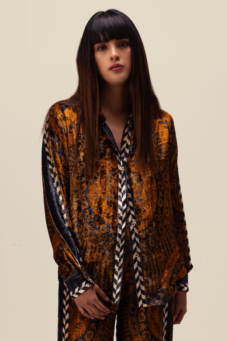 Buy Reena Sharma Brown Velvet, Viscose Collared Nikita Mandala Print Shirt With Pant Online at Aza Fashions Buy_Reena Sharma_Brown Velvet, Viscose Collared Nikita Mandala Print Shirt With Pant _Online_at_Aza_Fashions