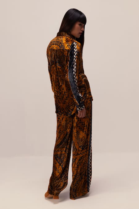 Shop Reena Sharma Brown Velvet, Viscose Collared Nikita Mandala Print Shirt With Pant Online at Aza Fashions Shop_Reena Sharma_Brown Velvet, Viscose Collared Nikita Mandala Print Shirt With Pant _Online_at_Aza_Fashions