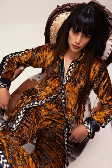 Reena Sharma Brown Velvet, Viscose Collared Nikita Mandala Print Shirt With Pant at Aza Fashions Reena Sharma_Brown Velvet, Viscose Collared Nikita Mandala Print Shirt With Pant _at_Aza_Fashions
