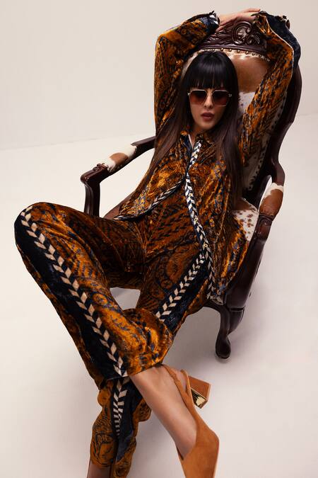 Buy Reena Sharma Brown Velvet, Viscose Collared Nikita Mandala Print Shirt With Pant Buy_Reena Sharma_Brown Velvet, Viscose Collared Nikita Mandala Print Shirt With Pant