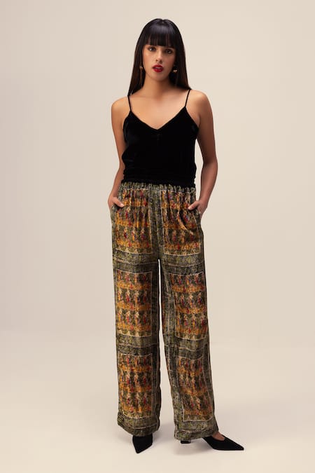 Reena Sharma_Green Viscose, Velvet Open Neck Amaya Print Kimono Jacket With Pant _Online_at_Aza_Fashions