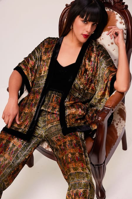 Shop_Reena Sharma_Green Viscose, Velvet Open Neck Amaya Print Kimono Jacket With Pant 