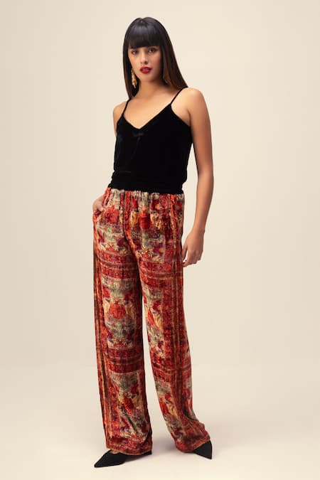 Reena Sharma_Red Viscose, Velvet Open Neck Amaya Flower Print Kimono Jacket With Pant _Online_at_Aza_Fashions