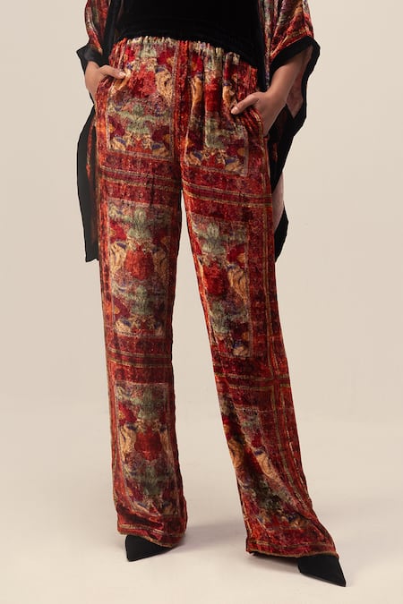 Reena Sharma_Red Viscose, Velvet Open Neck Amaya Flower Print Kimono Jacket With Pant _at_Aza_Fashions