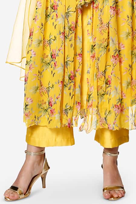Bha Sha_Yellow Georgette, Chanderi, Net Amber Floral Print Jacket With Kurta Set _Online_at_Aza_Fashions