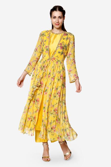 Buy_Bha Sha_Yellow Georgette, Chanderi, Net Amber Floral Print Jacket With Kurta Set _Online_at_Aza_Fashions
