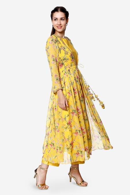 Shop_Bha Sha_Yellow Georgette, Chanderi, Net Amber Floral Print Jacket With Kurta Set _Online_at_Aza_Fashions