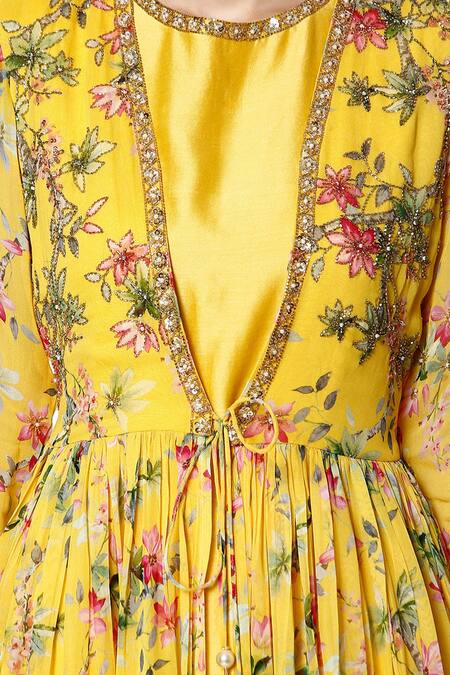 Bha Sha_Yellow Georgette, Chanderi, Net Amber Floral Print Jacket With Kurta Set _at_Aza_Fashions