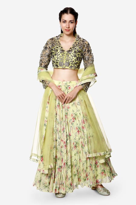 Bha sha Green Bustier- Chanderi Printed Floral Jacket V Ana Tiered Lehenga Set With