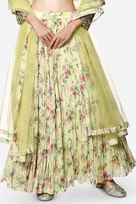 Bha Sha_Green Georgette, Net, Chanderi Ana Floral Print Tiered Lehenga Set With Jacket_Online_at_Aza_Fashions