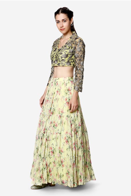 Buy_Bha Sha_Green Georgette, Net, Chanderi Ana Floral Print Tiered Lehenga Set With Jacket_Online_at_Aza_Fashions