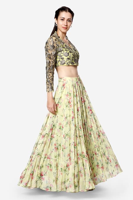 Shop_Bha Sha_Green Georgette, Net, Chanderi Ana Floral Print Tiered Lehenga Set With Jacket_Online_at_Aza_Fashions
