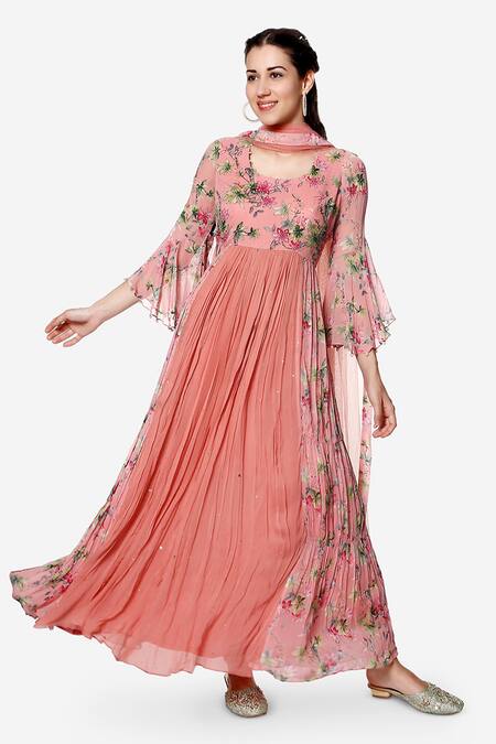 Bha Sha Pink Georgette, Net, Satin Beads, Anisha Floral Print Anarkali With Dupatta Online at Aza Fashions Bha Sha_Pink Georgette, Net, Satin Beads, Anisha Floral Print Anarkali With Dupatta _Online_at_Aza_Fashions