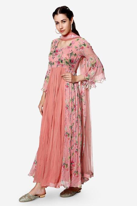 Shop Bha Sha Pink Georgette, Net, Satin Beads, Anisha Floral Print Anarkali With Dupatta Online at Aza Fashions Shop_Bha Sha_Pink Georgette, Net, Satin Beads, Anisha Floral Print Anarkali With Dupatta _Online_at_Aza_Fashions