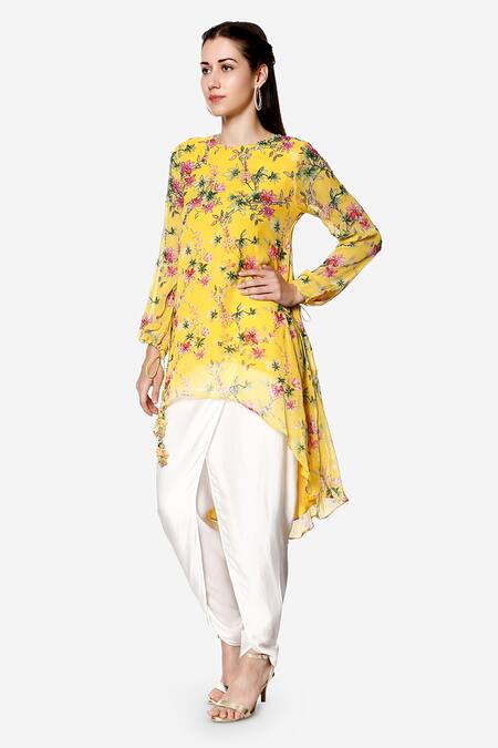 Bha Sha_Yellow Georgette, Cotton Satin Pearls, Brea Floral Print Tunic And Dhoti Pant Set _Online_at_Aza_Fashions