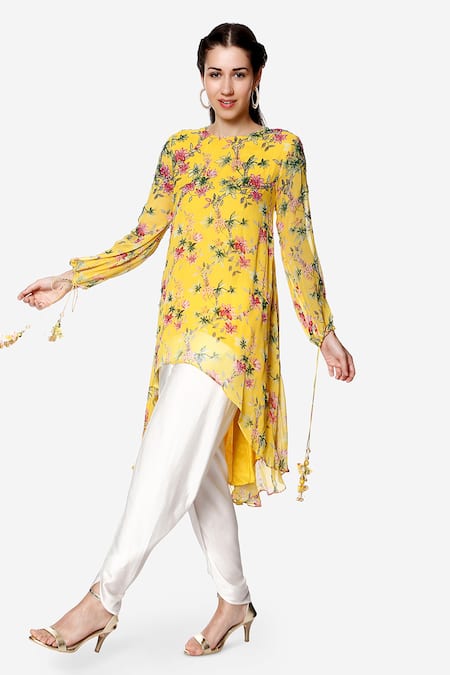 Buy_Bha Sha_Yellow Georgette, Cotton Satin Pearls, Brea Floral Print Tunic And Dhoti Pant Set _Online_at_Aza_Fashions