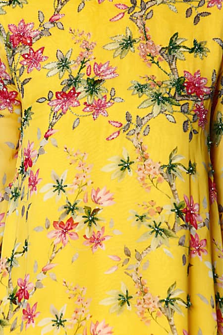 Shop_Bha Sha_Yellow Georgette, Cotton Satin Pearls, Brea Floral Print Tunic And Dhoti Pant Set _Online_at_Aza_Fashions