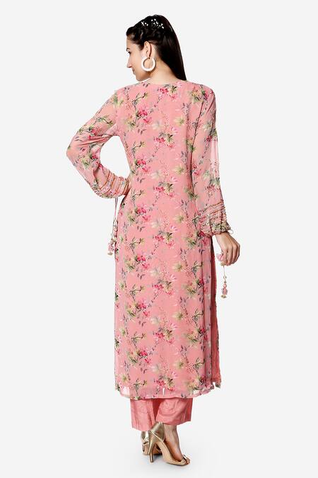 Shop_Bha Sha_Pink Kurta- Georgette Embroidered Floral Notched Dina Pant Set _at_Aza_Fashions