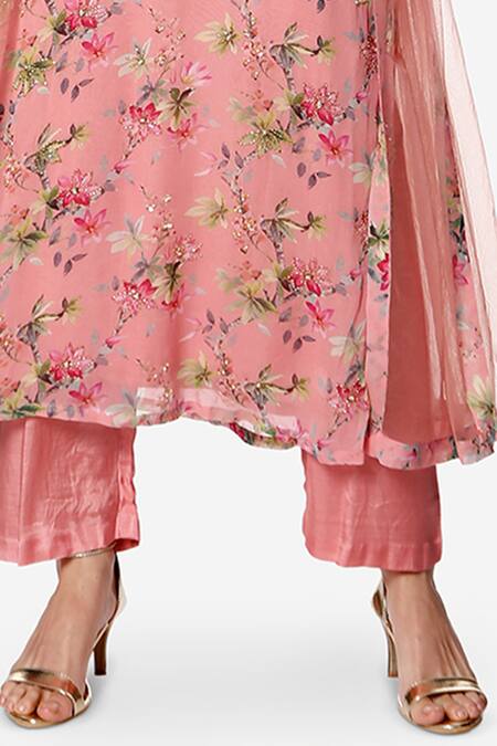 Bha Sha_Pink Kurta- Georgette Embroidered Floral Notched Dina Pant Set _Online_at_Aza_Fashions