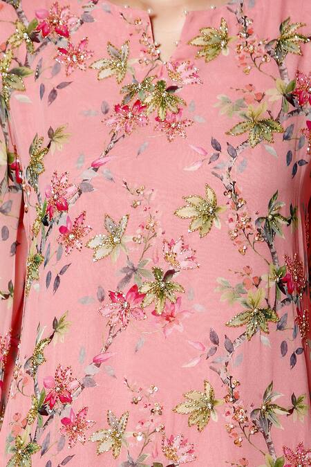 Bha Sha_Pink Kurta- Georgette Embroidered Floral Notched Dina Pant Set _at_Aza_Fashions