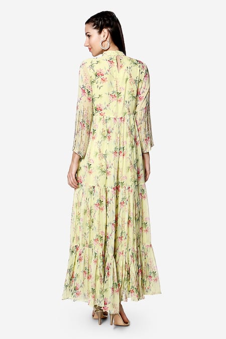 Shop Bha Sha Green Georgette, Net, Satin Ellora Tiered Floral Print Anarkali With Dupatta at Aza Fashions Shop_Bha Sha_Green Georgette, Net, Satin Ellora Tiered Floral Print Anarkali With Dupatta _at_Aza_Fashions