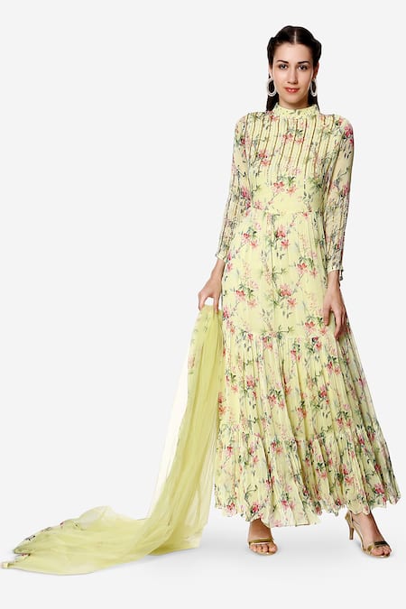 Bha Sha Green Georgette, Net, Satin Ellora Tiered Floral Print Anarkali With Dupatta Online at Aza Fashions Bha Sha_Green Georgette, Net, Satin Ellora Tiered Floral Print Anarkali With Dupatta _Online_at_Aza_Fashions