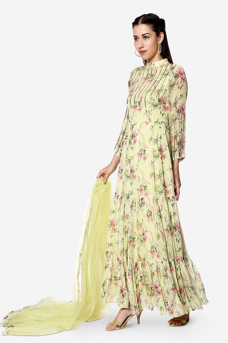 Buy Bha Sha Green Georgette, Net, Satin Ellora Tiered Floral Print Anarkali With Dupatta Online at Aza Fashions Buy_Bha Sha_Green Georgette, Net, Satin Ellora Tiered Floral Print Anarkali With Dupatta _Online_at_Aza_Fashions