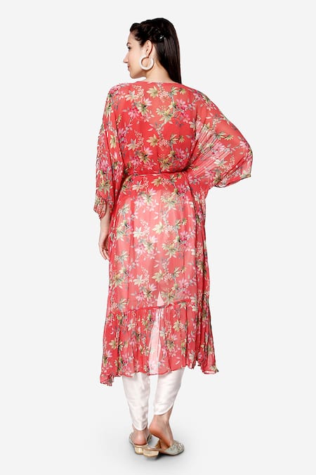 Shop Bha Sha Coral Georgette, Cotton Satin Pearls, Elsa Formal Print Kaftan And Tulip Pant Set at Aza Fashions Shop_Bha Sha_Coral Georgette, Cotton Satin Pearls, Elsa Formal Print Kaftan And Tulip Pant Set _at_Aza_Fashions