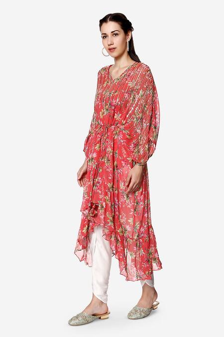 Bha Sha Coral Georgette, Cotton Satin Pearls, Elsa Formal Print Kaftan And Tulip Pant Set Online at Aza Fashions Bha Sha_Coral Georgette, Cotton Satin Pearls, Elsa Formal Print Kaftan And Tulip Pant Set _Online_at_Aza_Fashions