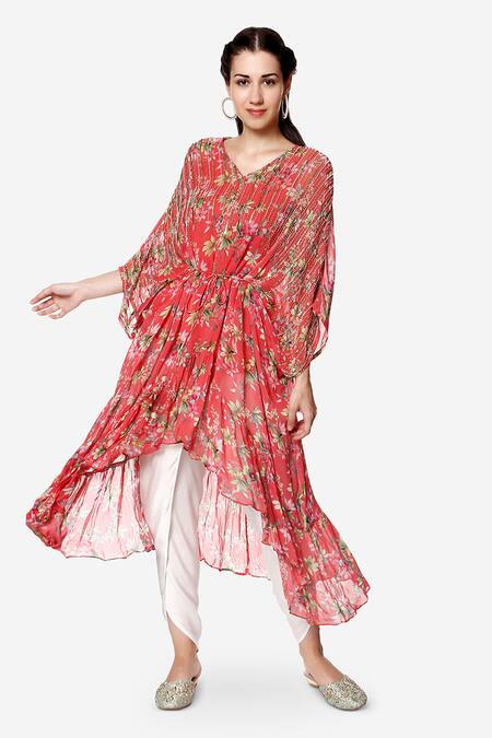 Buy Bha Sha Coral Georgette, Cotton Satin Pearls, Elsa Formal Print Kaftan And Tulip Pant Set Online at Aza Fashions Buy_Bha Sha_Coral Georgette, Cotton Satin Pearls, Elsa Formal Print Kaftan And Tulip Pant Set _Online_at_Aza_Fashions