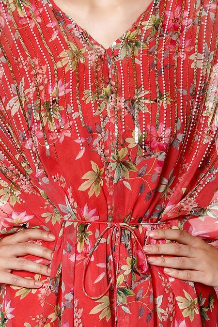 Bha Sha Coral Georgette, Cotton Satin Pearls, Elsa Formal Print Kaftan And Tulip Pant Set at Aza Fashions Bha Sha_Coral Georgette, Cotton Satin Pearls, Elsa Formal Print Kaftan And Tulip Pant Set _at_Aza_Fashions