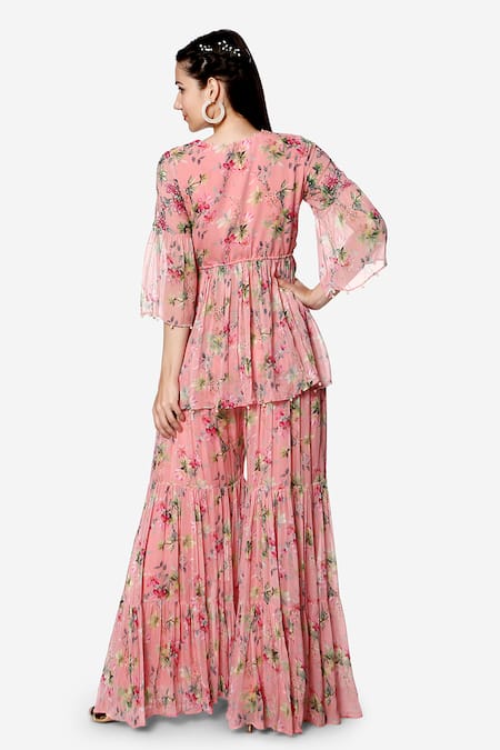 Shop Bha Sha Pink Georgette, Net Sequins, Pearls, Ina Printed Peplum Tunic Sharara Set at Aza Fashions Shop_Bha Sha_Pink Georgette, Net Sequins, Pearls, Ina Printed Peplum Tunic Sharara Set _at_Aza_Fashions