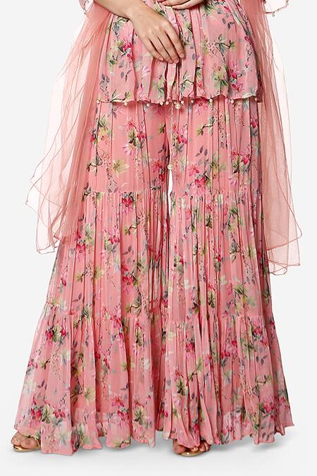 Bha Sha Pink Georgette, Net Sequins, Pearls, Ina Printed Peplum Tunic Sharara Set Online at Aza Fashions Bha Sha_Pink Georgette, Net Sequins, Pearls, Ina Printed Peplum Tunic Sharara Set _Online_at_Aza_Fashions