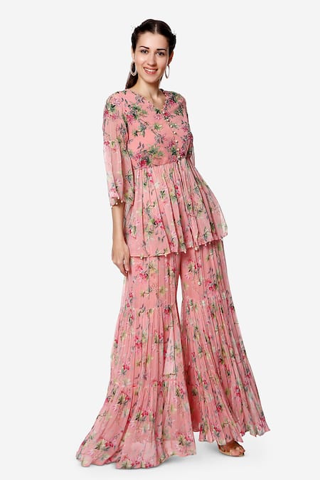 Shop Bha Sha Pink Georgette, Net Sequins, Pearls, Ina Printed Peplum Tunic Sharara Set Online at Aza Fashions Shop_Bha Sha_Pink Georgette, Net Sequins, Pearls, Ina Printed Peplum Tunic Sharara Set _Online_at_Aza_Fashions