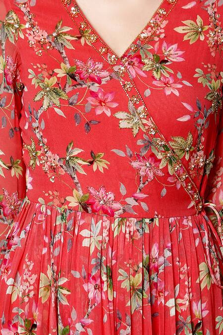 Shop_Bha Sha_Coral Georgette, Net, Cotton Sequins, Cut Work Jiana Print Angarkha Pant Set _Online_at_Aza_Fashions