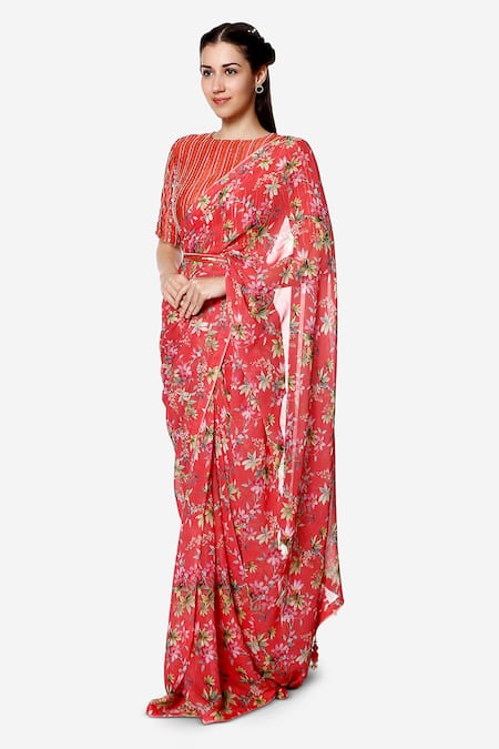 Bha Sha_Coral Georgette, Silk Sequins, Pearls, Embroidery Maya Print Saree With Blouse _Online_at_Aza_Fashions