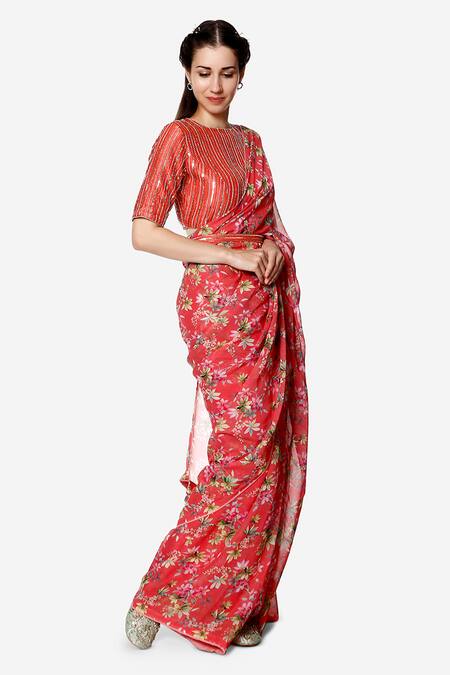 Buy_Bha Sha_Coral Georgette, Silk Sequins, Pearls, Embroidery Maya Print Saree With Blouse _Online_at_Aza_Fashions