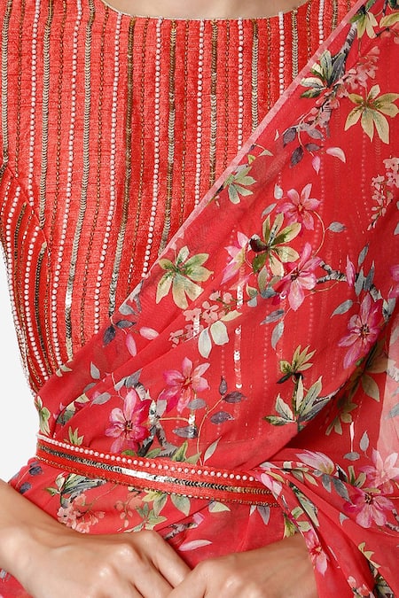Shop_Bha Sha_Coral Georgette, Silk Sequins, Pearls, Embroidery Maya Print Saree With Blouse _Online_at_Aza_Fashions