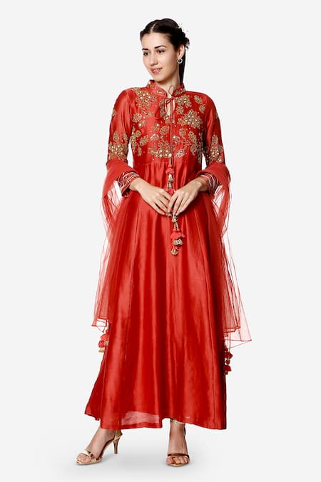 Bha sha Coral Anarkali- Chanderi Embroidered Mandarin Misha With Dupatta 