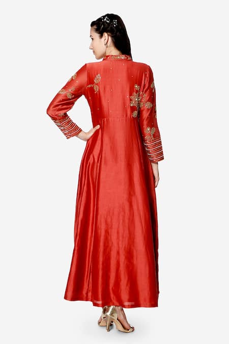 Shop Bha Sha Coral Chanderi, Net, Satin Sequins Misha Embroidered Anarkali With Dupatta at Aza Fashions Shop_Bha Sha_Coral Chanderi, Net, Satin Sequins Misha Embroidered Anarkali With Dupatta _at_Aza_Fashions