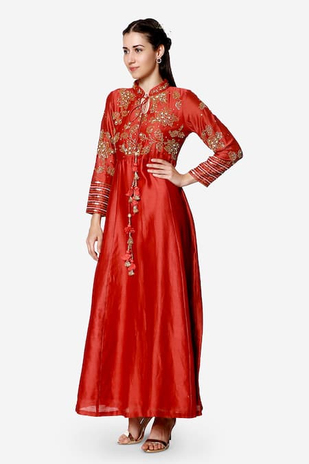 Bha Sha Coral Chanderi, Net, Satin Sequins Misha Embroidered Anarkali With Dupatta Online at Aza Fashions Bha Sha_Coral Chanderi, Net, Satin Sequins Misha Embroidered Anarkali With Dupatta _Online_at_Aza_Fashions