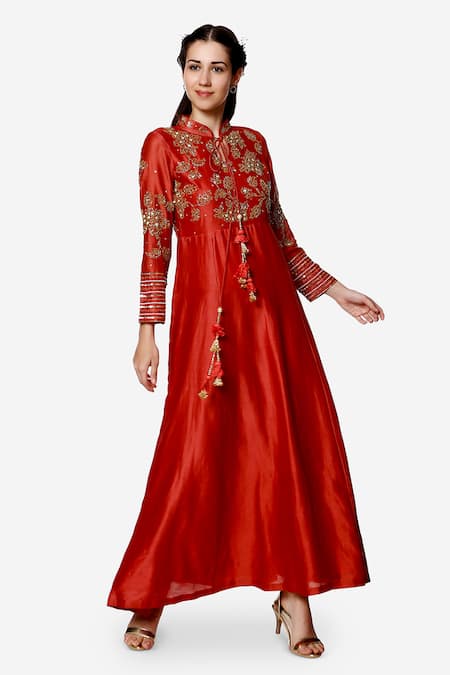 Buy Bha Sha Coral Chanderi, Net, Satin Sequins Misha Embroidered Anarkali With Dupatta Online at Aza Fashions Buy_Bha Sha_Coral Chanderi, Net, Satin Sequins Misha Embroidered Anarkali With Dupatta _Online_at_Aza_Fashions