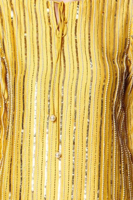 Bha Sha_Yellow Chanderi, Linen Sequins Round Neck Nia Embroidered Short Kurta And Pant Set _Online_at_Aza_Fashions