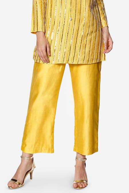 Buy_Bha Sha_Yellow Chanderi, Linen Sequins Round Neck Nia Embroidered Short Kurta And Pant Set _Online_at_Aza_Fashions