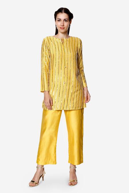 Shop_Bha Sha_Yellow Chanderi, Linen Sequins Round Neck Nia Embroidered Short Kurta And Pant Set _Online_at_Aza_Fashions