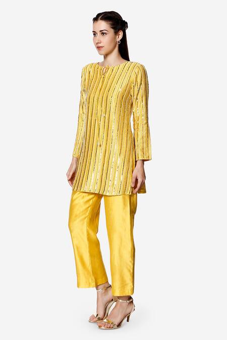 Bha Sha_Yellow Chanderi, Linen Sequins Round Neck Nia Embroidered Short Kurta And Pant Set _at_Aza_Fashions
